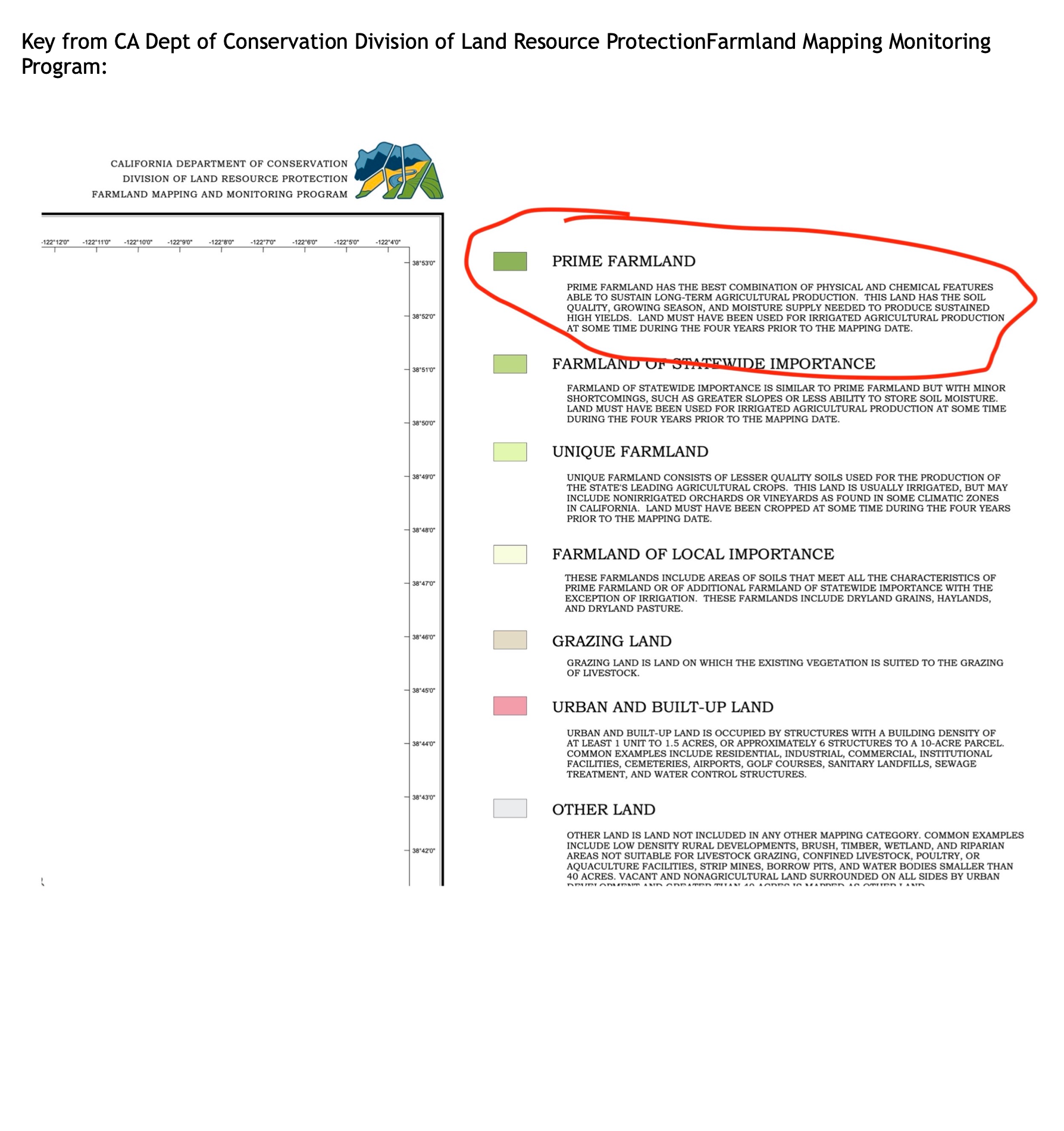 Map legend — CA Dept of Conservation Farmland Mapping and Monitoring Program (Prime Farmland circled)