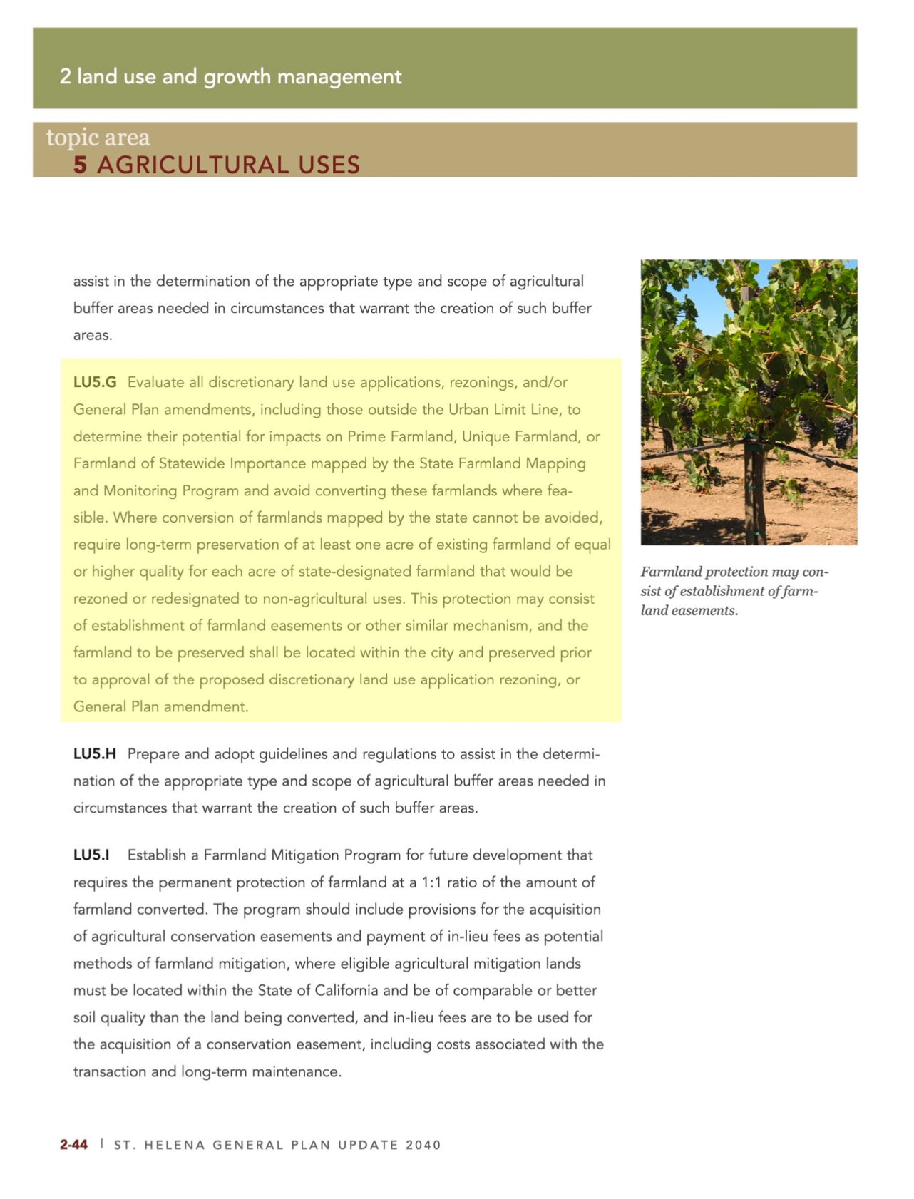 St. Helena General Plan Policy LU5.G — Agricultural Uses excerpt