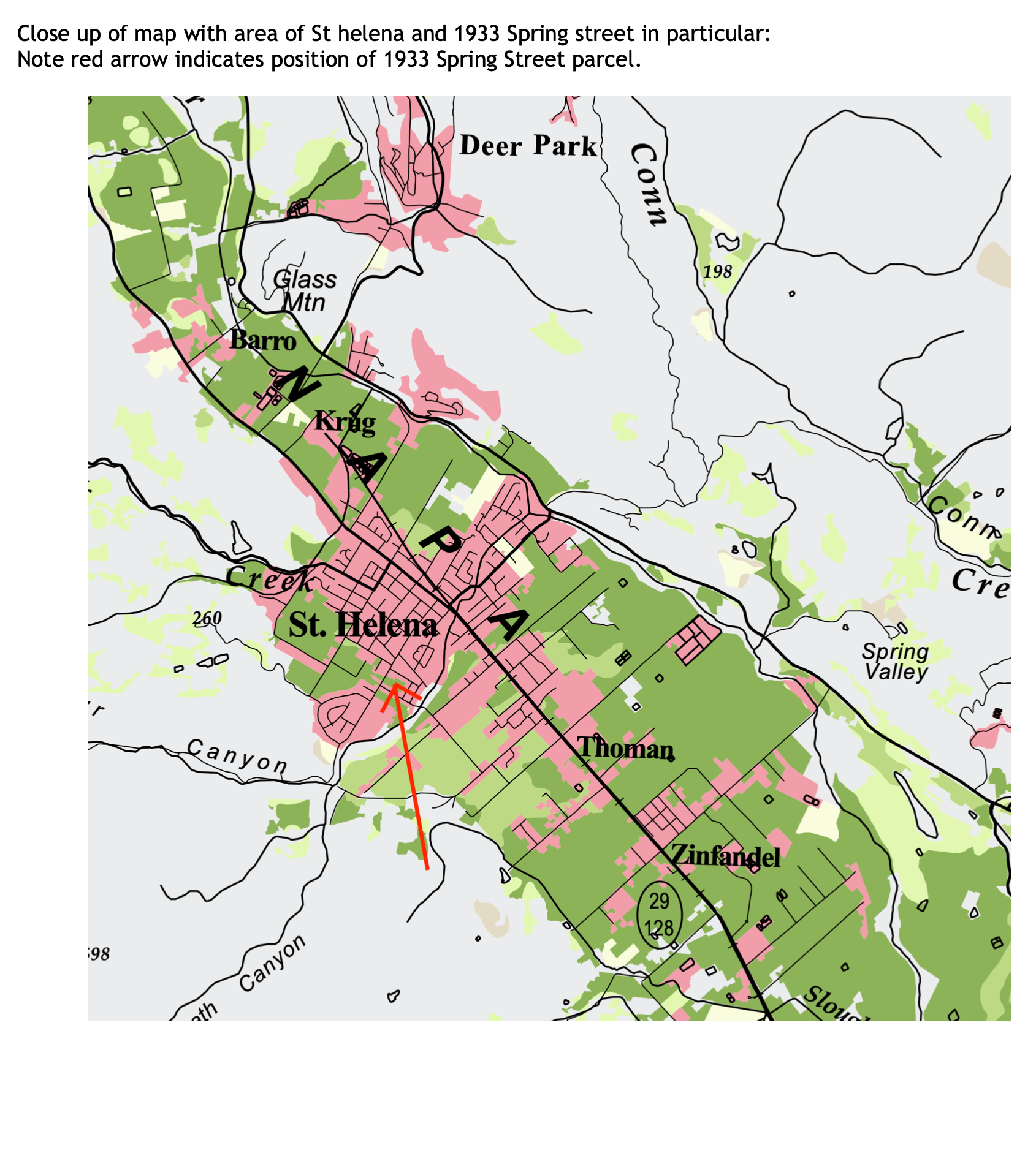 Close-up of St. Helena area — red arrow indicates 1933 Spring Street parcel